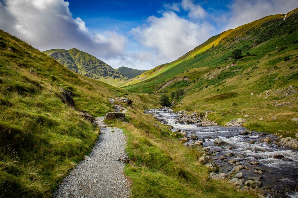 mountains, trail, stream, river, rocks, nature, pathway